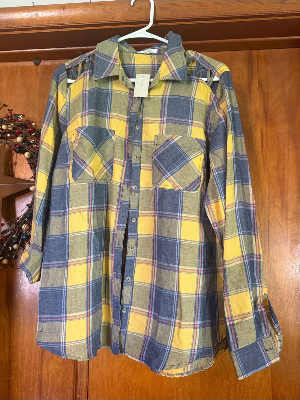 Maurices Yellow and Blue Plaid Button-Down Shirt